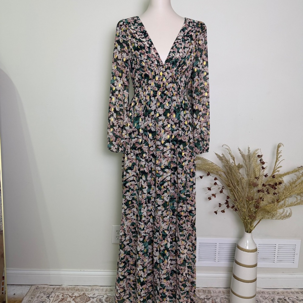 ASTR The Label Black Gold Metallic Floral Low Back Long Sleeve Maxi Dress Large